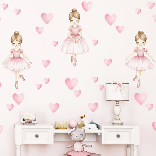 Large Ballerina Wall Stickers with Pink Hearts