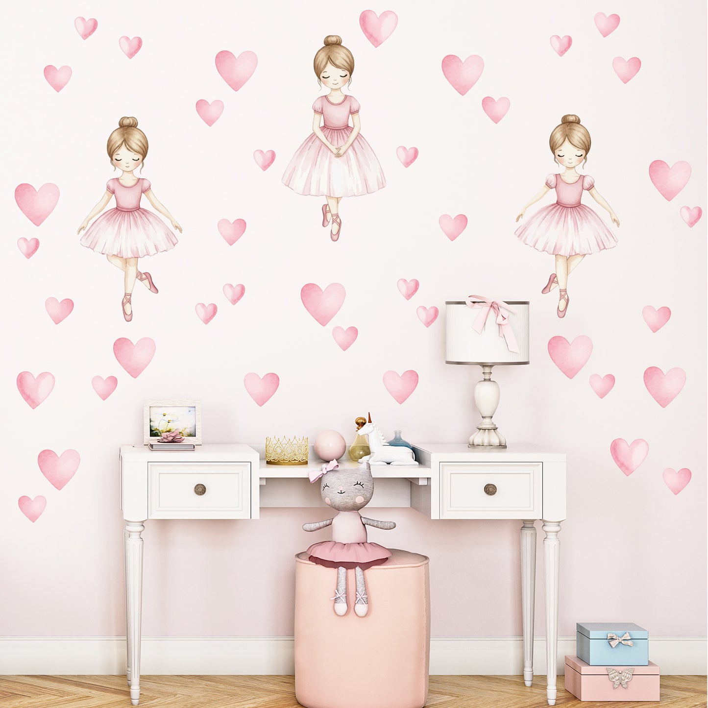 Large Ballerina Wall Stickers with Pink Hearts