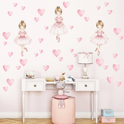 Large Ballerina Wall Stickers with Pink Hearts